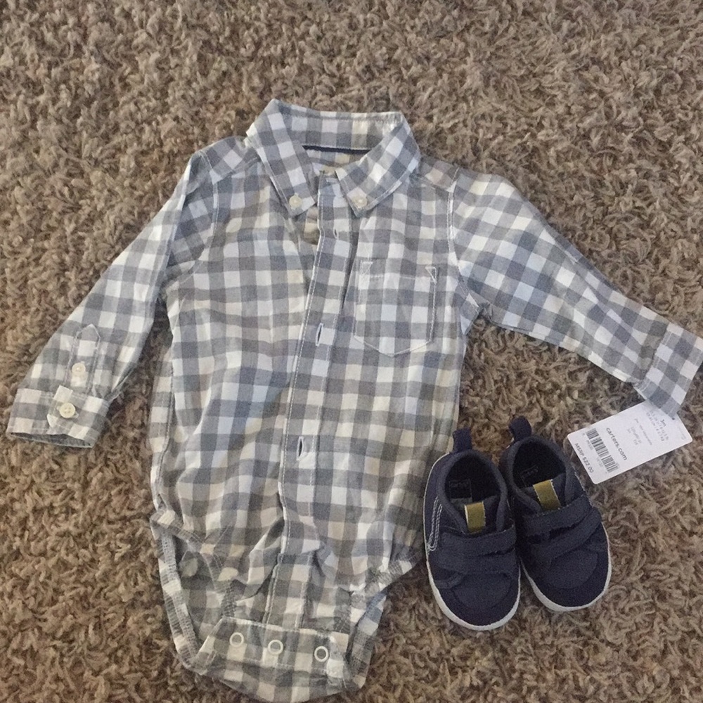 Boys 3mo plaid button up dress shirt & navy shoes
